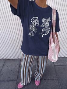 Be Stil & Know 女款休閒時尚大尺寸短袖上衣與條紋長褲套裝，豹紋波點格紋優雅運動風派對健身夏季六月節慶法國西班牙德國，學院風女款休閒套裝，Saint John，六月慶典 - 霧藍+多色豎條 - 查看 6