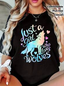 Talla - Camiseta Casual de Talla para Mujer - Estampado Just a Who Loves, cuello redondo, mangas cortas, tela ligeramente elástica, top cómodo para todas las estacione - Negro - Ver 1
