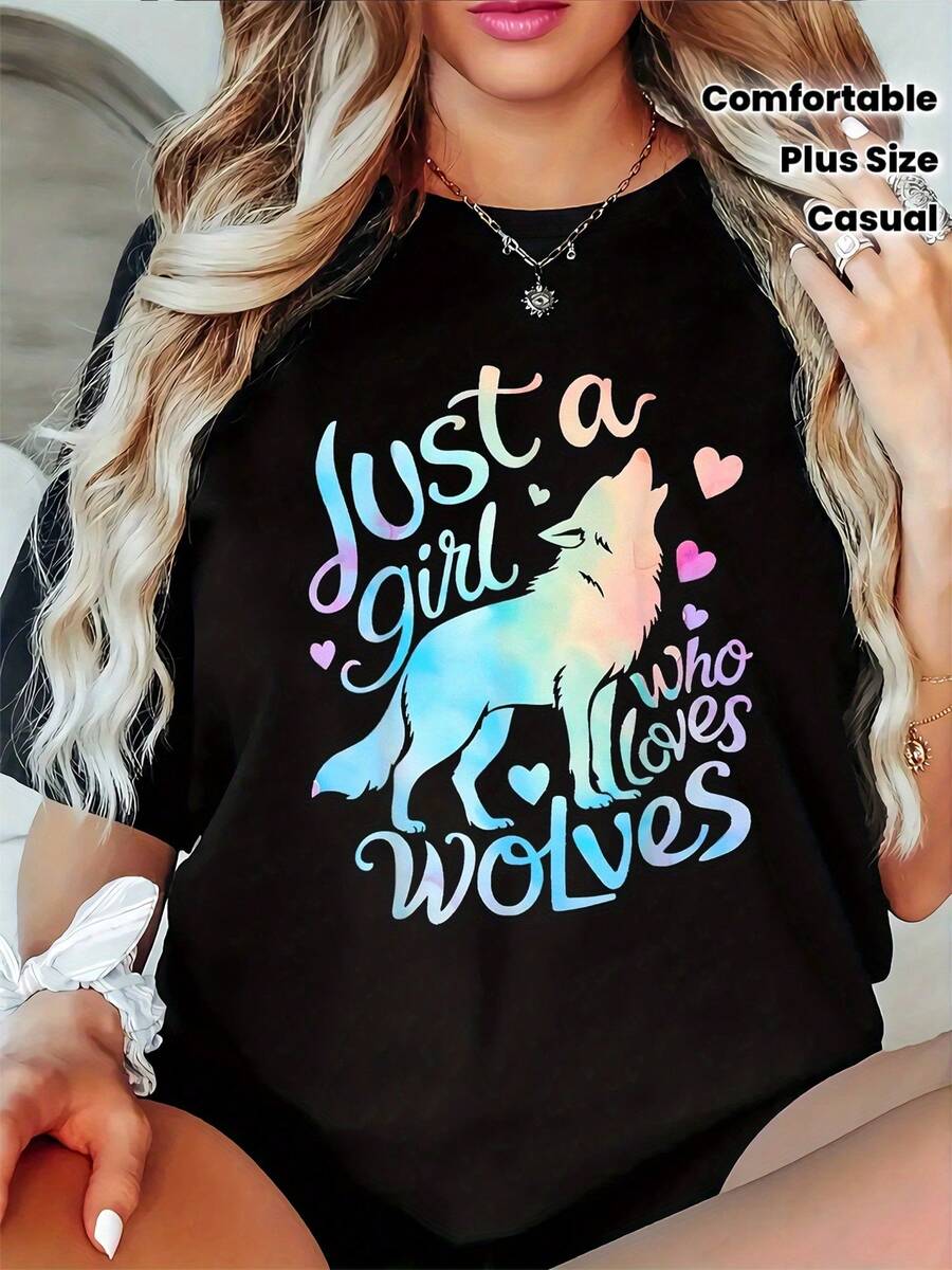Talla - Camiseta Casual de Talla para Mujer - Estampado Just a Who Loves, cuello redondo, mangas cortas, tela ligeramente elástica, top cómodo para todas las estacione - Negro - Ver 1