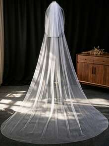 1pc Double Layer Heavy Beaded Edge Bridal Veil, Long Train Cathedral Wedding Hair Accessory, Face Covering - Cool White - W - View 8