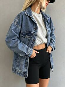 Classic Women's Denim Jacket Suitable For All Seasons. 100% Pure Cotton Vintage Washed Jacket. Loose Fit, Versatile And Casual Top - Dark Denim Blue - View 3