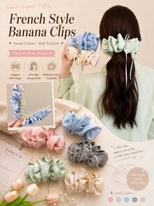 topshiny Women's Striped Fabric Bow Banana Clip, Layered Ruffle Hair Clip, Large Ponytail Hair Tie, Cute French Style Daily Wear Hair Accessory,Hair Claws - Multicolor - View 3