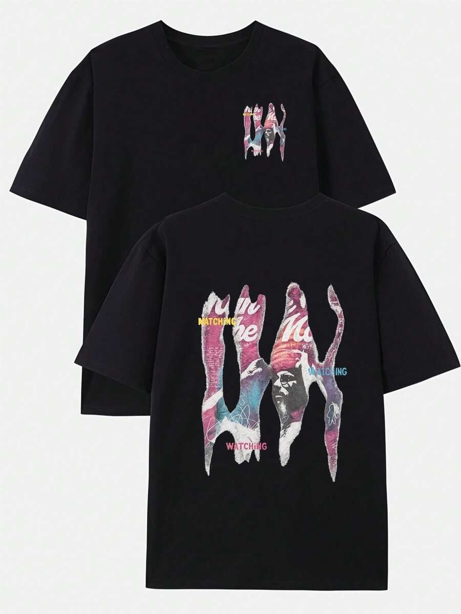 Camiseta de moda para hombre con estampado de búho en ambas caras, adecuada para uso en casa, al aire libre, informal y deportivo, diseño moderno y sencillo con estampado en la parte delante - Negro - Ver 1