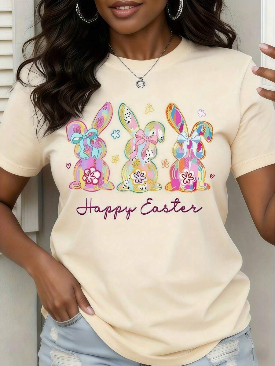 Women's Colorful Rabbit Easter Bunny T-Shirt, Spring Festival T-Shirt, Casual Daily Wear - 杏色 - 查看 1