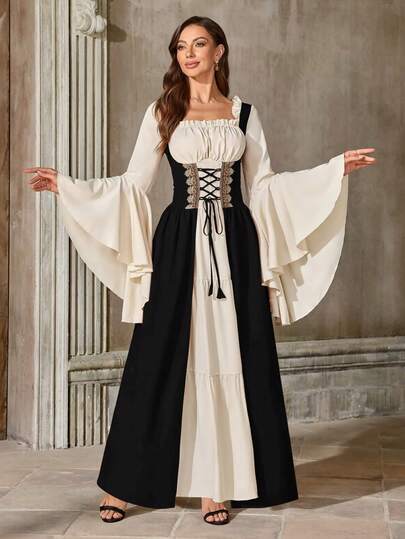 Medieval Vintage Court Style Dress, Square Neck, Ruffle Sleeve, Color Block, Lace Decor, 2 In 1 Long Dress, Medieval Princess Look Black