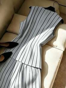 Women's Striped Contrast Color Button Front Pocket Casual Elegant Two Pieces Set, Suitable For Beach, Resort, Office, Date, Daily Wear, Spring/Summer - Grey - View 4