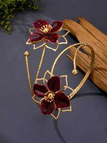 1 buah Gelang Lengan Enamel Motif Bunga Ganda, Rantai Lengan Bunga Berlebihan Gaya Liburan yang Dipersonalisasi, Kelopak 3D yang Ramah Kulit dan Dapat Diatur - Gaya berongga Burgundy - View 3