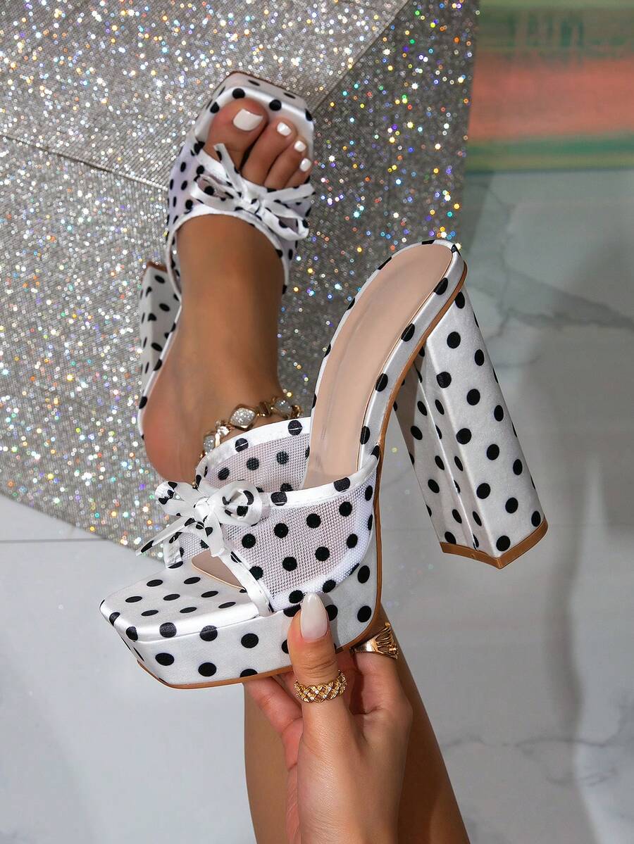 Women's Thick Platform Chunky Heel Square Toe Black & White Bow Decor Glamorous Party Stiletto High Heel Sandals, Suitable For Going Out - White - View 1