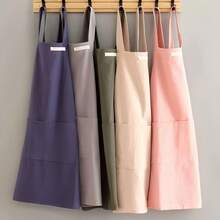 1pc Washed Linen Apron, Cross Back Straps, Solid Color Woven Fabric With Double Pockets, Neutral Design Work Apron, Suitable For Cooking, Cafe, Gardening, Painting, Office Use - Multicolor - View 2