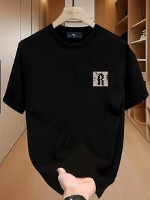 1 pieza Playera De Hombre.manga corta 100% algodón puro, cuello redondo casual con estampado, manga corta transpirable para uso diario, con impresión de la letra R masculina. - Negro - Ver 1