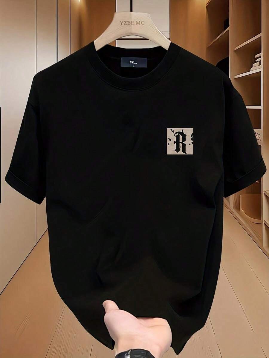1 pieza Playera De Hombre.manga corta 100% algodón puro, cuello redondo casual con estampado, manga corta transpirable para uso diario, con impresión de la letra R masculina. - Negro - Ver 1