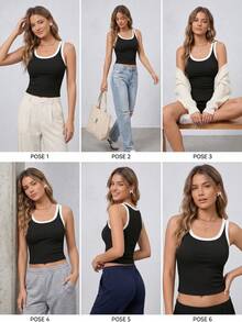 1pc All-Season Large U-Back Contrast Color Ribbed Tank Top, 2-In-1 Built-In Padded Sports Yoga Tank, Versatile Outerwear & Base Layer - Black - View 5