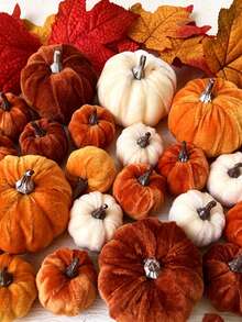 8/1pc Thanksgiving Artificial Pumpkin, Faux Velvet Pumpkin Orange Brown White Artificial Pumpkin Berry Maple Leaf Decoration, Autumn Table Centerpiece Decor, DIY Decoration, Autumn Harvest Festival Decoration, Halloween Decoration, Thanksgiving Decoration, Desktop Decoration, Thanksgiving Gift, Party Decoration, Home Decor - Velvet Pumpkin Ornament - View 1