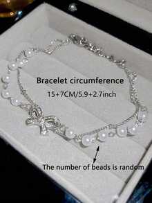 1pc Luxury Double-Layer Bowknot & Pearl Stacked Bracelet (Bead Quantity Varies, Please Note If Concerned) - Silver - View 6