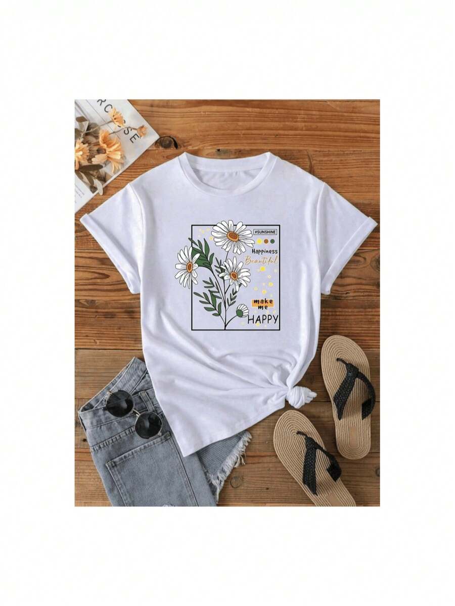 Camiseta suelta de mujer con estampado de girasol para niñas de todas las edades - Blanco - Ver 1