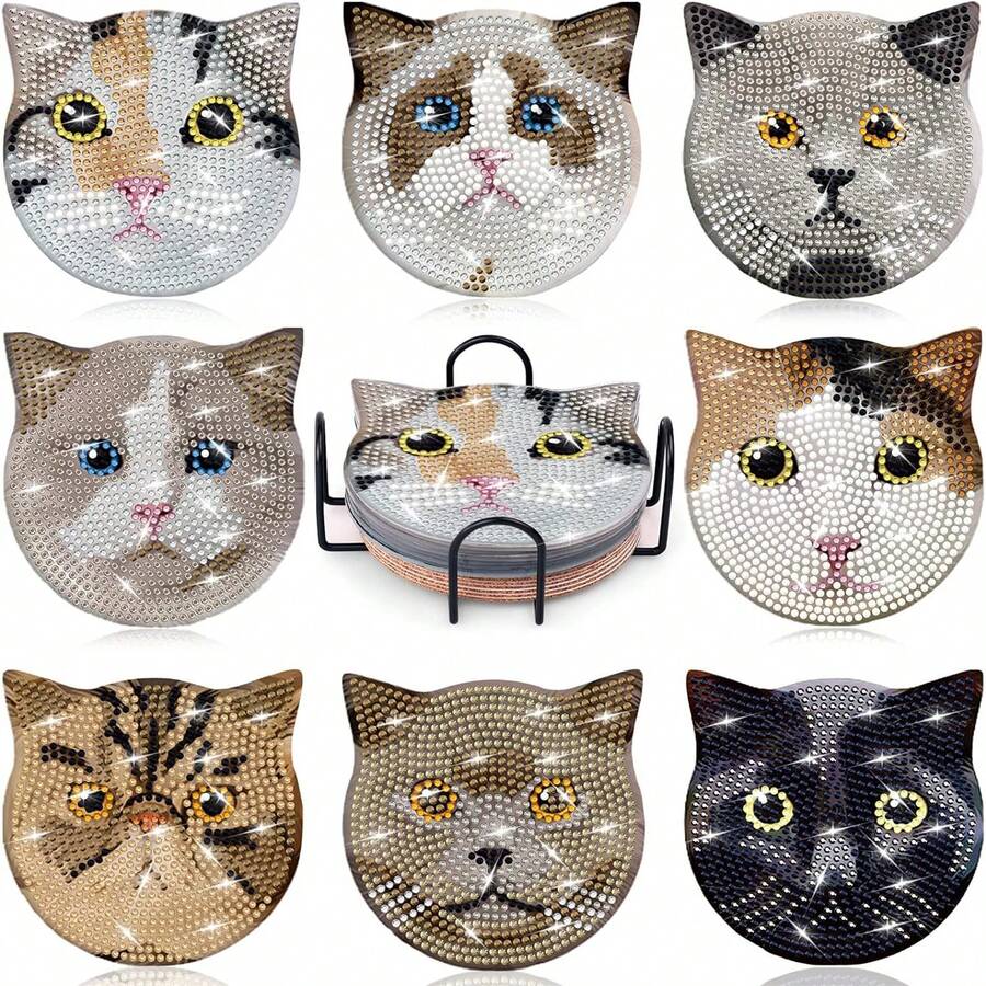 Little Cat 8pcs DIY Diamond Painting Coaster Set, Round High-Gloss Rhinestone Surface, Firm Adhesion With Complete Tool Set, Easy For Beginners, Stress-Relieving Handmade Craft, New Year Spring Festival Valentine's Day Christmas Teacher's Day Holiday Gift, Home Dining Table Coffee Table Heat-Insulating Decorative Coasters, Gift For Family Friends Besties Teachers