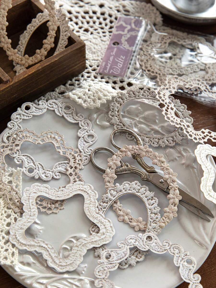 10 piezas/paquete Pegatinas de borde floral de punto, calcomanías estéticas creativas vintage, materiales de manualidades de collage de decoración DIY, regalo festivo, suministros de papelería escolar personalizados para álbum de recortes - W.P. - Ver 1