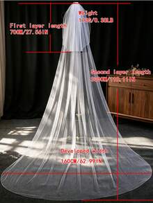 1pc Double Layer Heavy Beaded Edge Bridal Veil, Long Train Cathedral Wedding Hair Accessory, Face Covering - Cool White - W - View 7