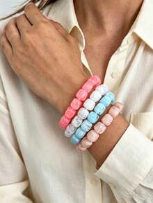 4pcs/9pcs Bohemian Style Geometric Asymmetrical Square Solid Color Acrylic Beaded Bracelet Set, Elegant & Glamorous, Suitable For Daily Casual, Party, Street Photography, Vacation Travel, Versatile Jewelry Bracelet Set Gift For Women - Bracelet Set - View 6