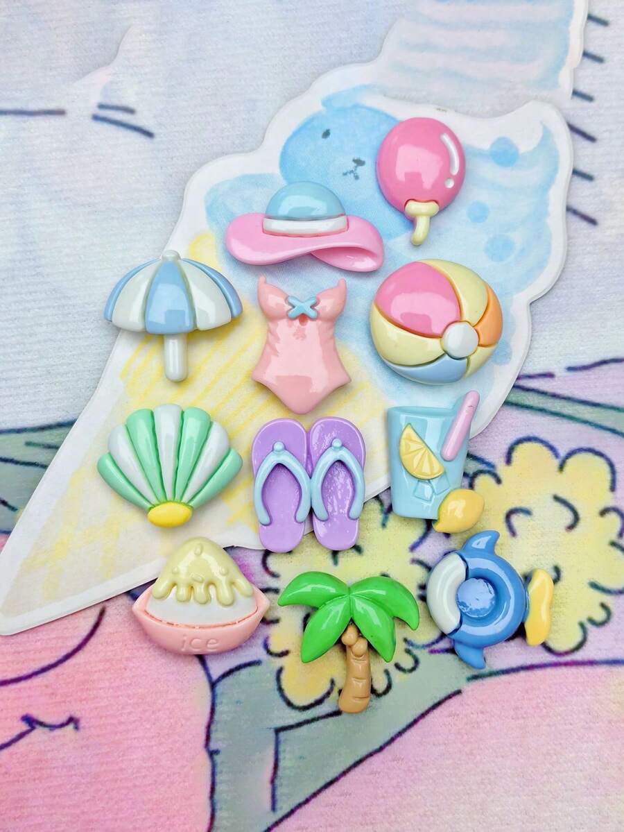 10/20/100pcs Beach Vacation Swimsuit Slippers Resin Accessories Summer Phone Case Hair Clip Water Bottle Sticker Clog Shoe Decorations - Multicolor - View 1