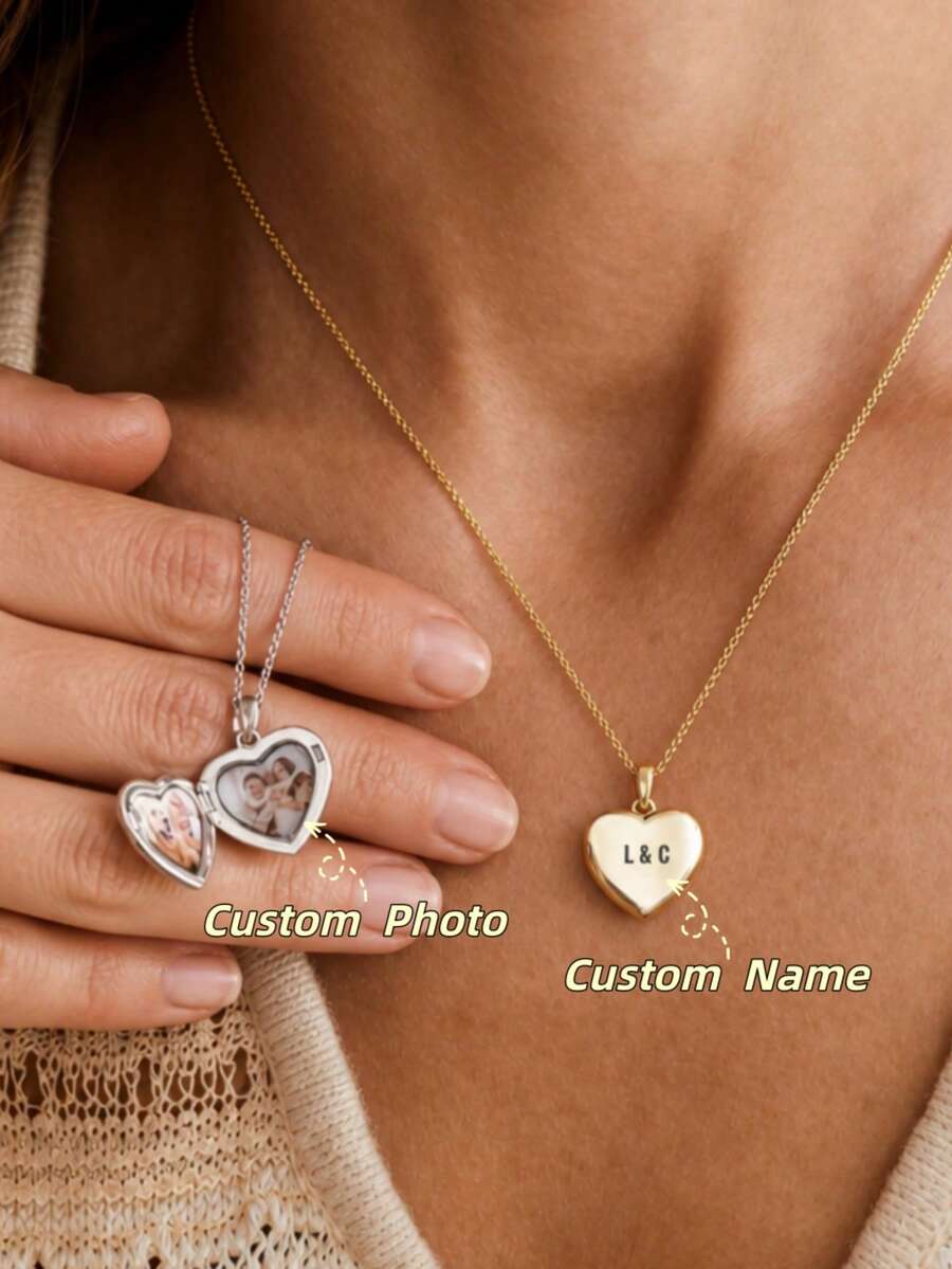 1PC Personalized Heart Locket Necklace, Stainless Steel Heart Locket Necklace, Openable Locket Necklace, Customizable 1-2 Photos And Text, Custom Photo And Text, Laser Engraved Text, Color Printed Photo, Custom Stainless Steel O-Chain Necklace, Exquisite Heart Locket Necklace, Graduation Gift, Birthday Gift, Couple Gift, Anniversary Gift, Best Friend Gift - Customized Heart-shaped Photo Box Necklace - View 1