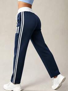 Side Stripe & Number Print Drawstring Sweatpants | American Vintage Straight Leg Sweatpants, Colorblock Casual Fitness Sports Pants - Blue - View 5