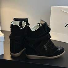 2026 New Style Women's Suede Sneakers, Hidden Inner Elevation, High-Top Board Shoes, Lightweight, Comfortable And Breathable - 黝黑 - 查看 2