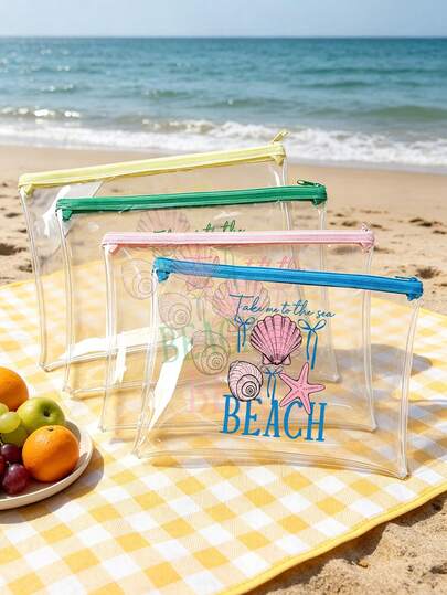 Túi đi biển PVC chống nước in chữ "Take Me To The Beach", túi đựng mỹ phẩm trong suốt chủ đề đại dương mùa hè cho nữ, trang trí họa tiết vỏ sò và sao biển, túi đựng đồ vệ sinh cá nhân có khóa kéo, túi lưu trữ du lịch đa năng, túi đựng văn phòng phẩm, hộp đựng mỹ phẩm trong suốt chống nước khóa kéo màu sáng, , đạt chuẩn TSA, phù hợp cho các chuyến đi biển mùa hè, kỳ nghỉ hồ bơi, đi chơi hàng ngày, có thể đựng kem chống nắng, sản phẩm chăm sóc da, dụng cụ trang điểm, văn phòng phẩm, đồ dùng học tập, v.v., phù hợp làm quà tặng cho gia đình và bạn bè, vật dụng du lịch thiết yếu