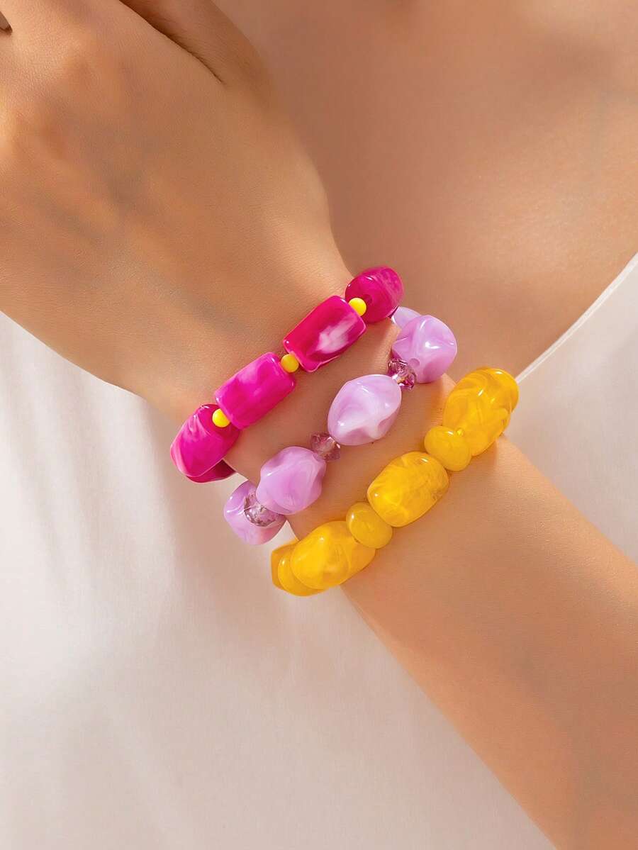1pc/3pcs Vacation Style Glossy Jelly Acrylic Asymmetrical Texture Design Sweet Cool Girly Versatile Layered Bracelet - Multicolor - View 1