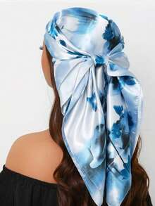 1PC Women's Printed 90cm Square Scarf With Chain, Suitable For Daily Wear, Satin-Like Polyester Soft Bandana Headscarf, All Seasons - Navy Blue - View 11