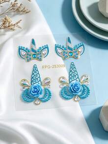 1pc Blue Unicorn Flower Face Rhinestone Sticker, Teardrop Colorful Rhinestone + Flower Style, Waterproof Long-Lasting Brow Center Sticker, Music Festival Party / Sweet Cool Hot Girl Makeup Accent - Multicolor - View 6