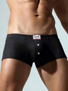 Men's One-Piece, Plain-Colored Stretch Briefs With Decorative Button And Four-Way Stretch - Black - View 2