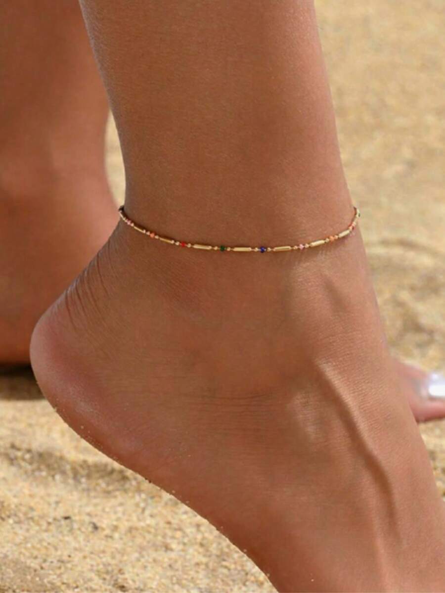 1pc Bohemian Beach Style Personalized Anklet, Simple Metal Turquoise Rice Bead Rhinestone Soft Clay Multi-Style Anklet - Multicolor - View 1