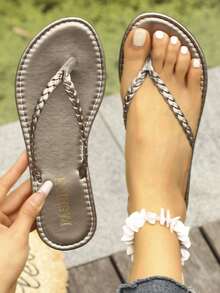Sandalias Planas de Verano para Mujer, Chanclas con Tiras Tejidas, Pantuflas Ligeras e Informales - Gris oscuro - Ver 1
