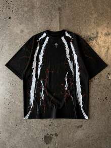 Krometka Men's Black Loose Fit T-Shirt, White & Red Claw Mark And Lightning Crack Print Crew Neck Short Sleeve Streetwear Top - Black - View 3