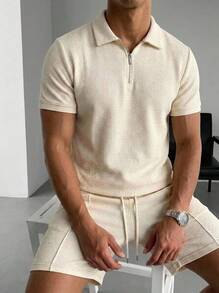 DAZY 男士华夫格经典拉链领短袖POLO衫+短裤两件套，夏季休闲时尚度假沙滩装 - 卡其色 - 查看 4
