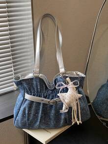 New Fashion Casual Solid Color Denim Fabric Tote Bag Star Pattern Pleated Fabric Women's Shoulder Bag - Blue - View 6