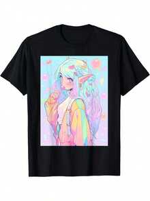 Camiseta de Moda para Mujer con Estampado de Letras de Anime en Doble Cara - Camiseta de Manga Corta, Cuello Redondo, Cómoda y Casual, 100% Algodón. - Negro 5 - Ver 1