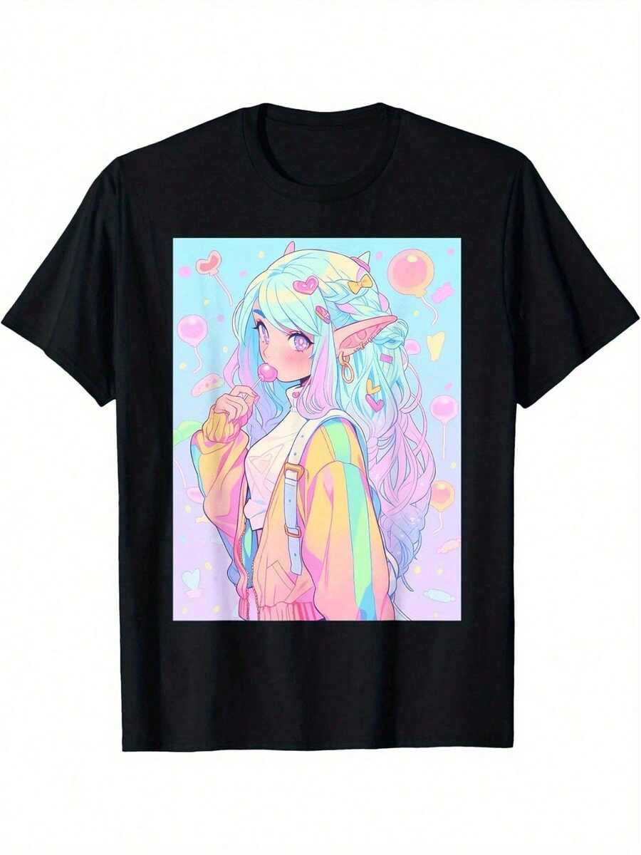 Camiseta de Moda para Mujer con Estampado de Letras de Anime en Doble Cara - Camiseta de Manga Corta, Cuello Redondo, Cómoda y Casual, 100% Algodón. - Negro 5 - Ver 1