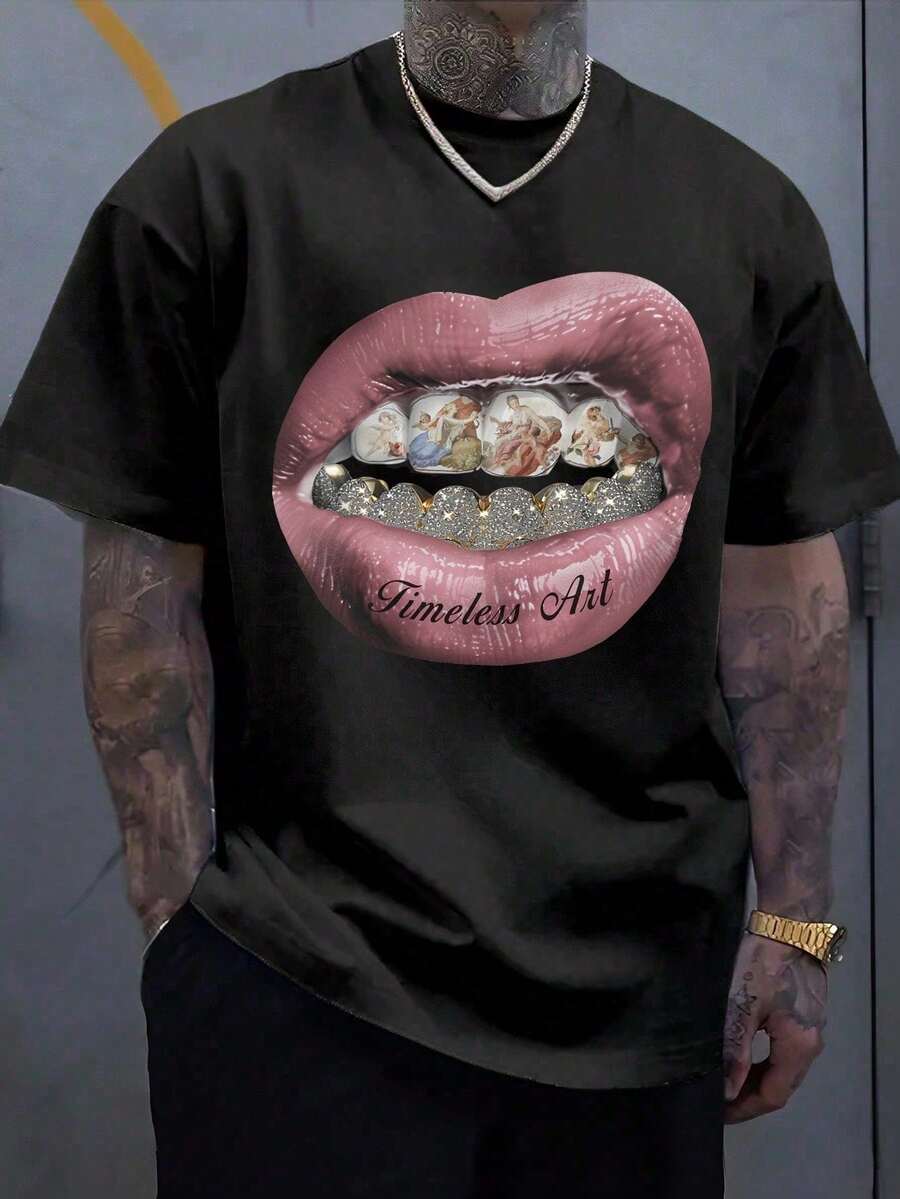 Camia de manga corta de punto blanca para hombre, estilo casual Manfinity , holgada, estilo vintage urbano, con estampado gráfico creativo d - Negro - Ver 1
