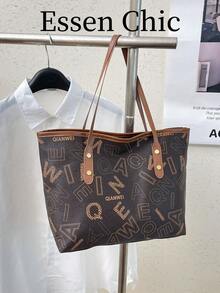 1pc Coffee Brown Summer New Metal Rivet Decor Large Capacity Monogram Colorblock PU Tote Bag Women's Shoulder Bag - Coffee Brown - View 7