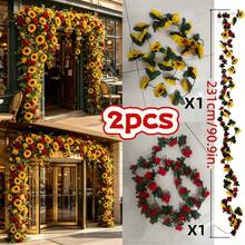 2pcs Artificial Sunflower Yellow Red Rose Vine 90.9 Inch, Easy To Hang Faux Floral Garland, Suitable For Outdoor Garden Wedding Arch Ceiling Message Wall Staircase Hotel Decoration - Multicolor - View 3