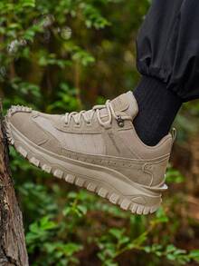 Solid Color Outdoor Lace-Up Hiking Shoes, All-Season Versatile Retro Round Toe Plus Size Street Style Thick Sole Work Boots For Men - Khaki - View 6