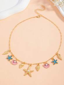 1pc Fashion ZA Pendant Necklace, Vintage Bohemian Beach Style, Starfish, Shell, Turtle And Multi-Pendant Design, Layered Collarbone Chain, Party/Holiday Gift, Versatile Accessory - Multicolor - View 4