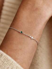 1pc Personalized Name Cross Bracelet With Birthstone, Delicate Gold Cross Bracelet, Mother's Day Gift, Customized Name Bracelet, Easter Gift, Personalized Gift, Customized Gift, Gift For Loved Ones, Gift For Partners, Personalized Birthday Flower, Anniversary Gift - Multicolor - View 12