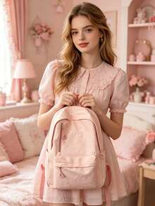 1pc Large Capacity Casual Backpack, Solid Color Embossed Bow Pattern Girls Backpack, Multi-Pocket Zipper School Day Bag, Suitable For Teens/Girls/Students/Graduates, Fashion Accessory For Back To School, Daily Classes, Weekend Outings, Short Trips And Outdoor Leisure Activities - Multicolor - View 8