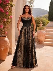 VIPGIRL Elegante vestido largo sin mangas de un solo hombro para mujer, vestido de noche formal con detalles de volantes de tela de punto, atuendo formal elegante para boda y fiesta, color negro - Negro - Ver 2