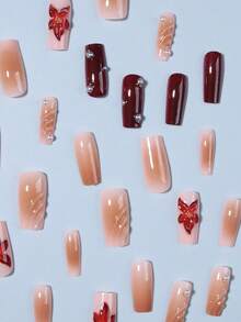 24pcs Long Coffin Shaped 3D Gel Nail Tips, With Pearl Decoration Design, French Manicure Nail Tips, Long Perfect Fit Fake Nails Set, Easy To Wear, Suitable For Summer, French Manicure, Brown Nails - Multicolor - View 4