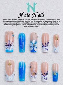 NAIO 10Pcs/Set Handmade Press On Nails, 3 Sizes: Coffin/Almond/Short Square, Y2K Summer Beach Style, Nude & Blue Ombre French Nails, 3D Floral, Water Drop & Starfish Design, Rhinestone Accents, For Women & Girls, Party Daily Wear For Ladies, Nail Supplies - Multicolor - View 4