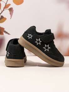 Children's Retro Style Sneakers Star Embroidery + Hook And Loop Design Easy To Put On And Take Off - Black - View 5